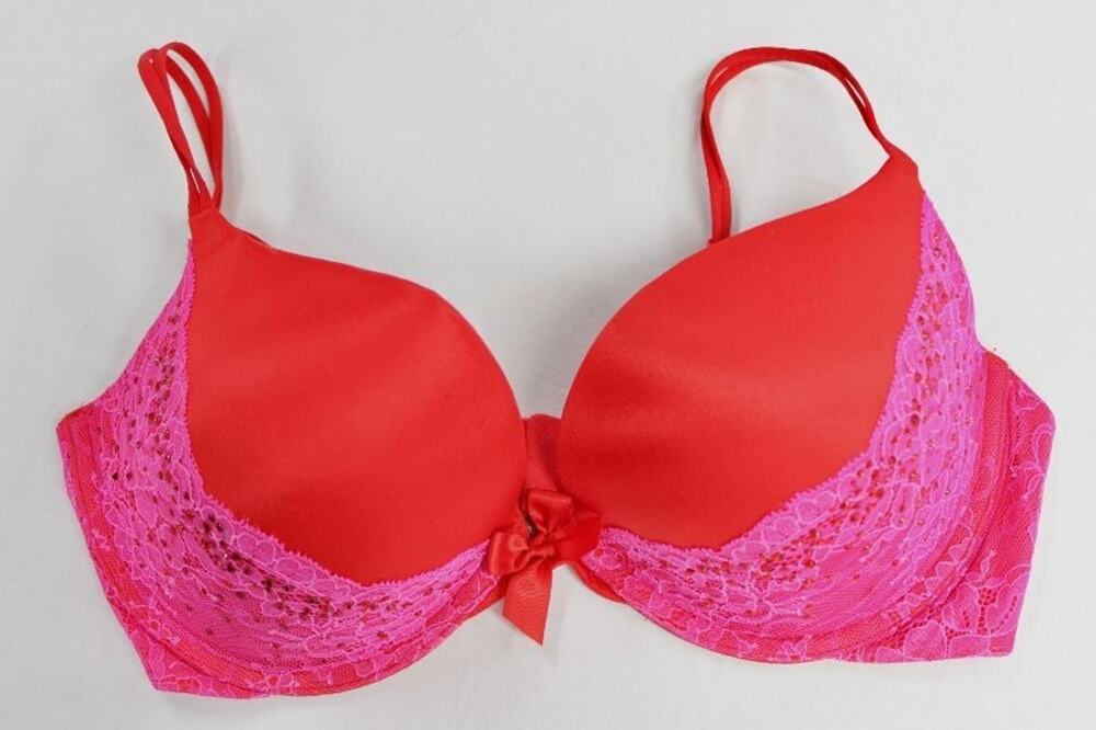 Victoria's Secret Bombshell Very Sexy Push Up Bra 36D Rhinestone Lace Red Pink
